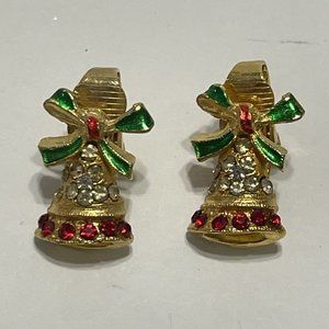 Vintage Gold Tone Rhinestone Bell Clip In Earrings Christmas Red Green